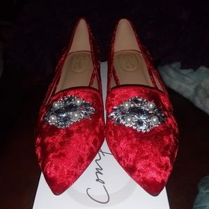 Red crushed velvet flats